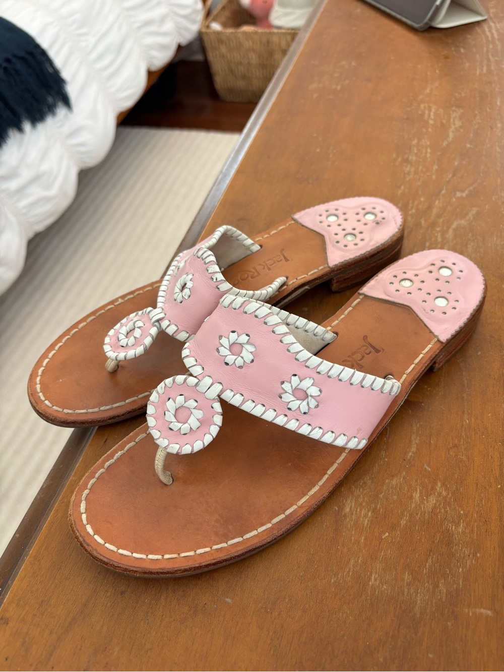 Jack Rogers Pink Leather Whipstitched Floral Thong Sandals